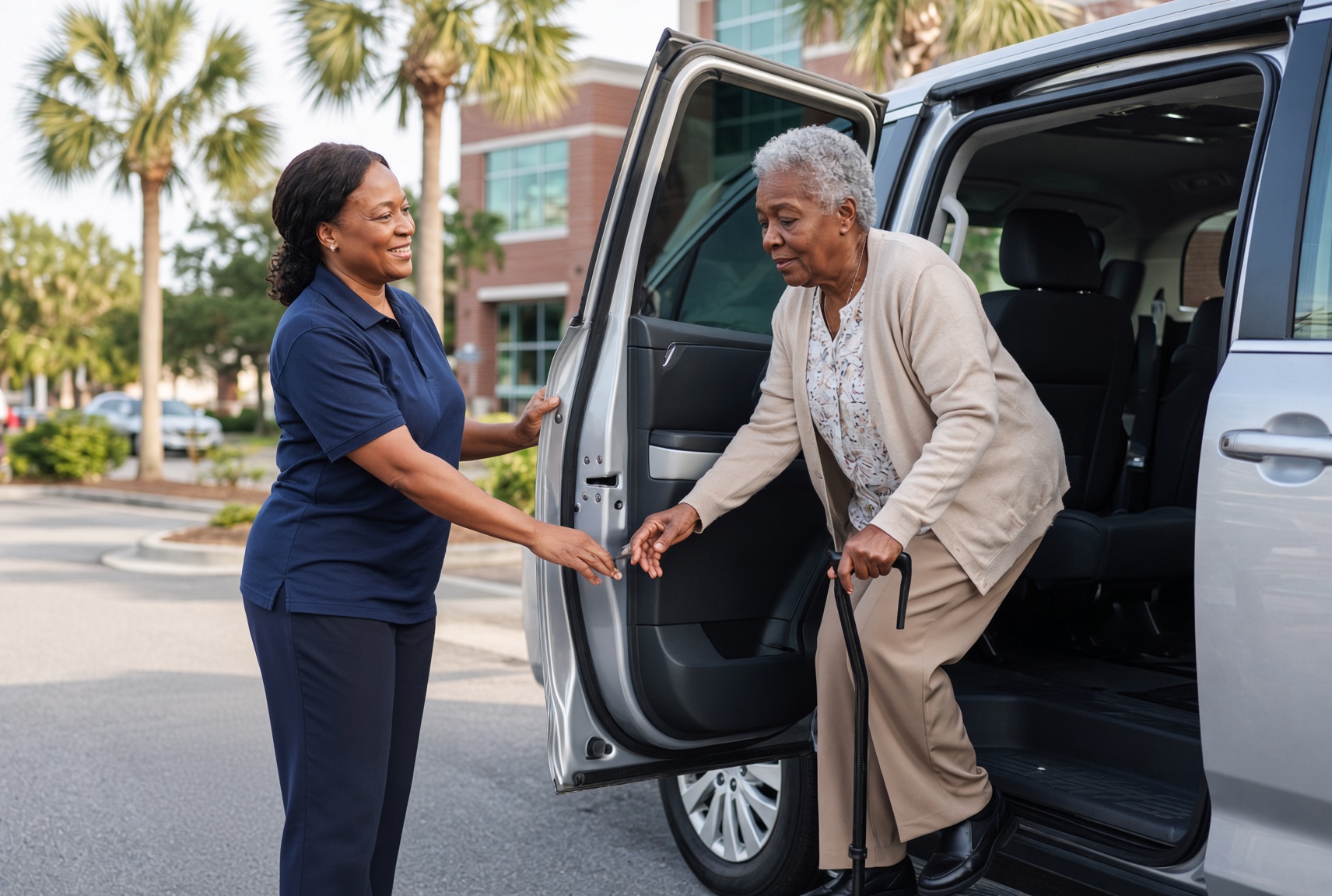 A driver helping an older rider step from a van outside a Jacksonville clinic
