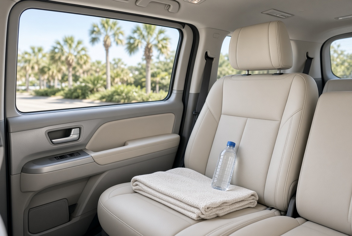 Clean passenger seat with a folded blanket and water bottle